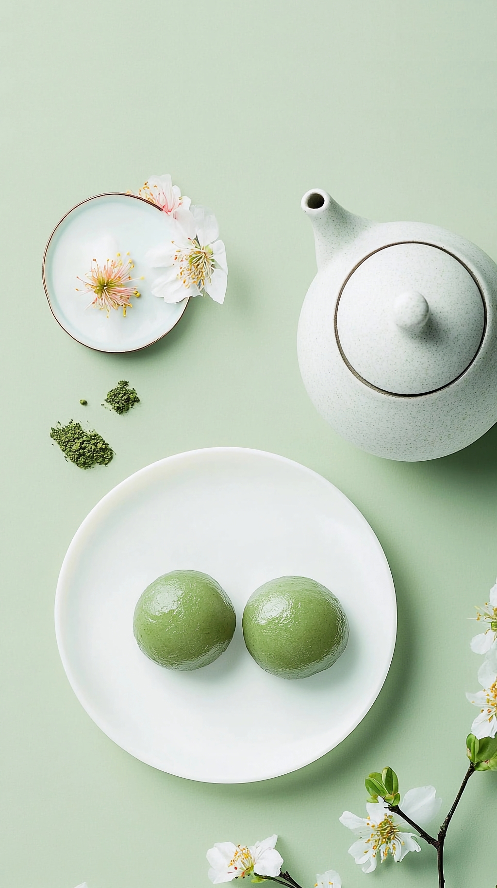 白盘旁茶具与白花点缀的圆润清明节青团AI