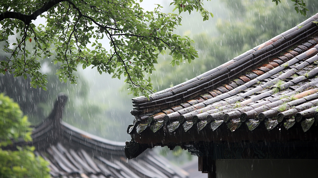 春天清明节二十四节气电脑桌面壁纸清明节雨天屋檐特写AI