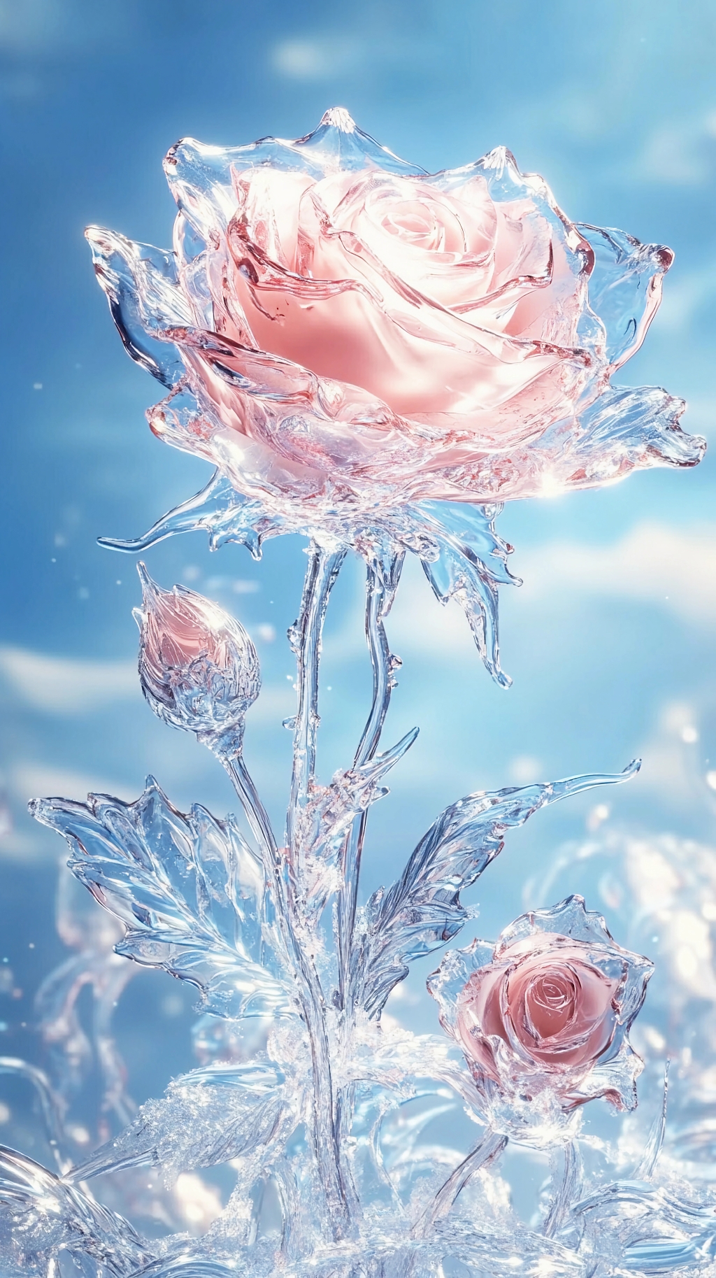 梦幻蓝色背景下透明质感如冰雕的粉色玫瑰花束AI