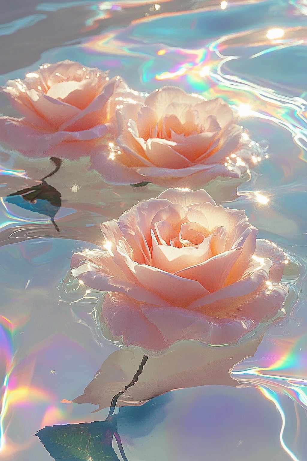 漂浮在波光粼粼水面上的三朵淡粉色玫瑰花AI