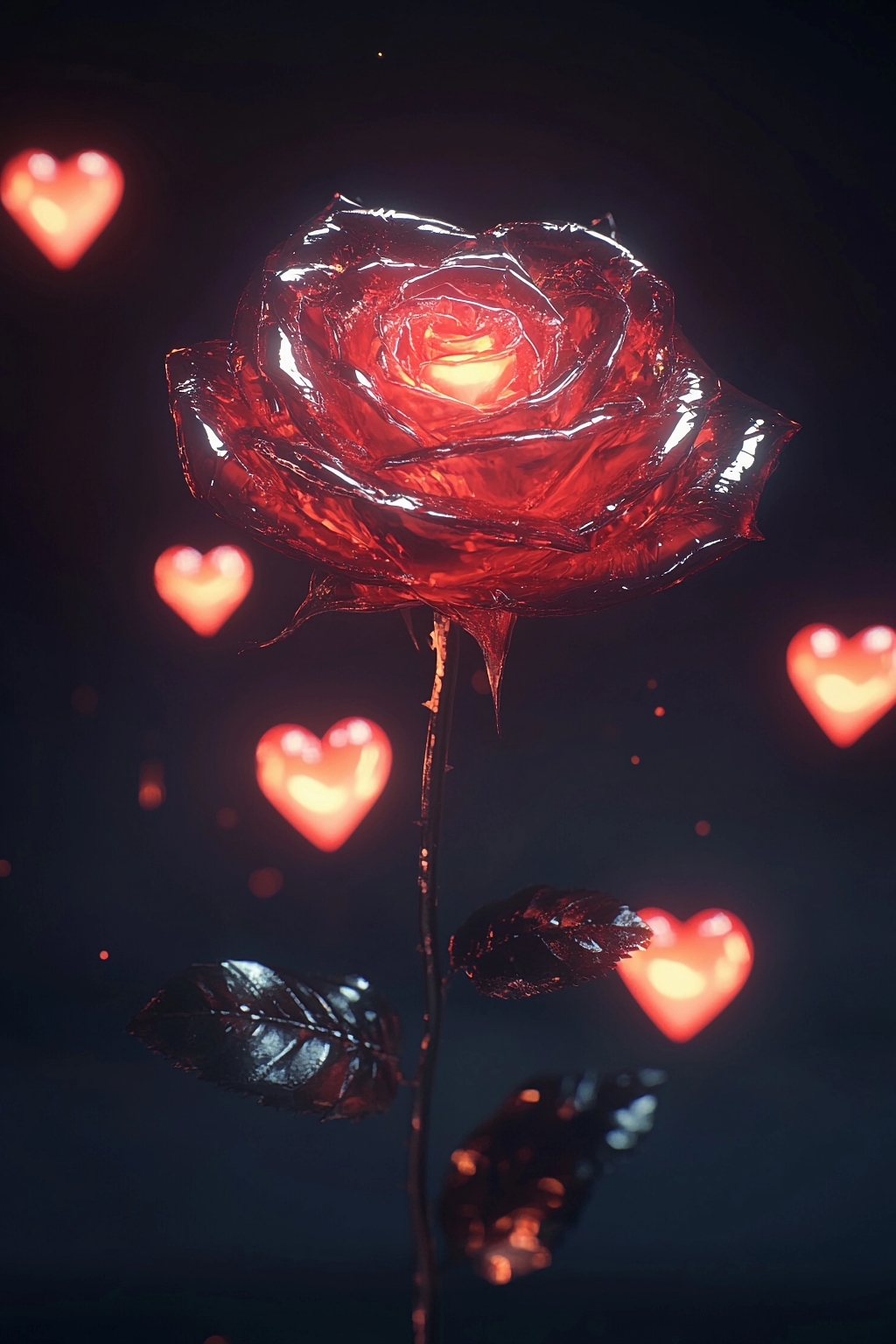 黑色背景衬托下闪耀红心围绕的发光红色玫瑰花AI