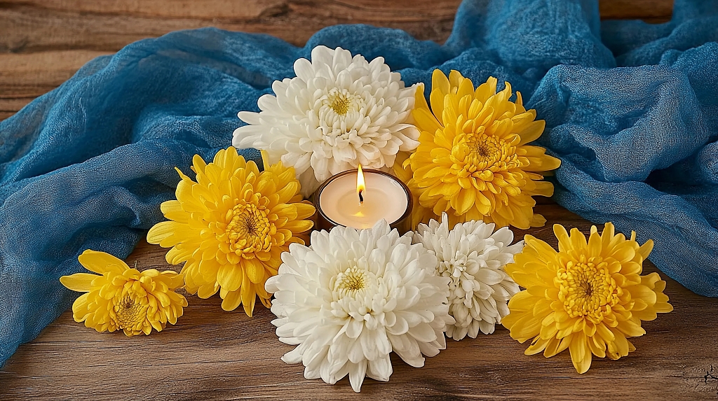 清明节清明主题的黄白菊花与蜡烛温馨画面AI