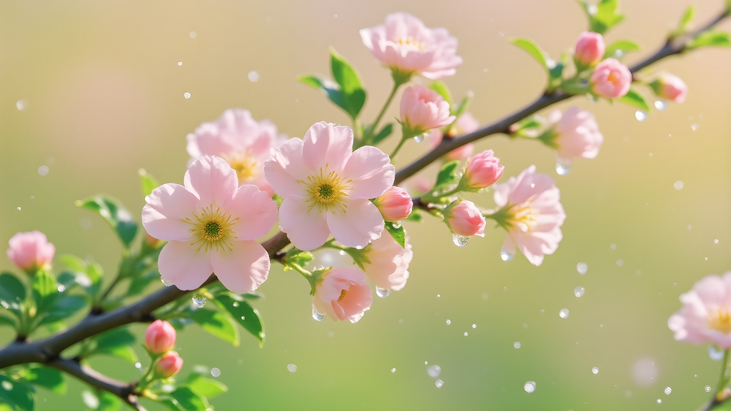 春天清明节二十四节气电脑桌面壁纸春暖花开粉色唯美桃花立春春天背景展板AI