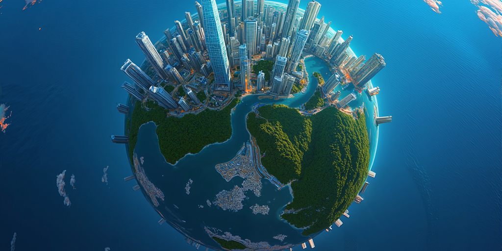 蓝色星球上融合城市与自然景观的全景俯瞰图AI