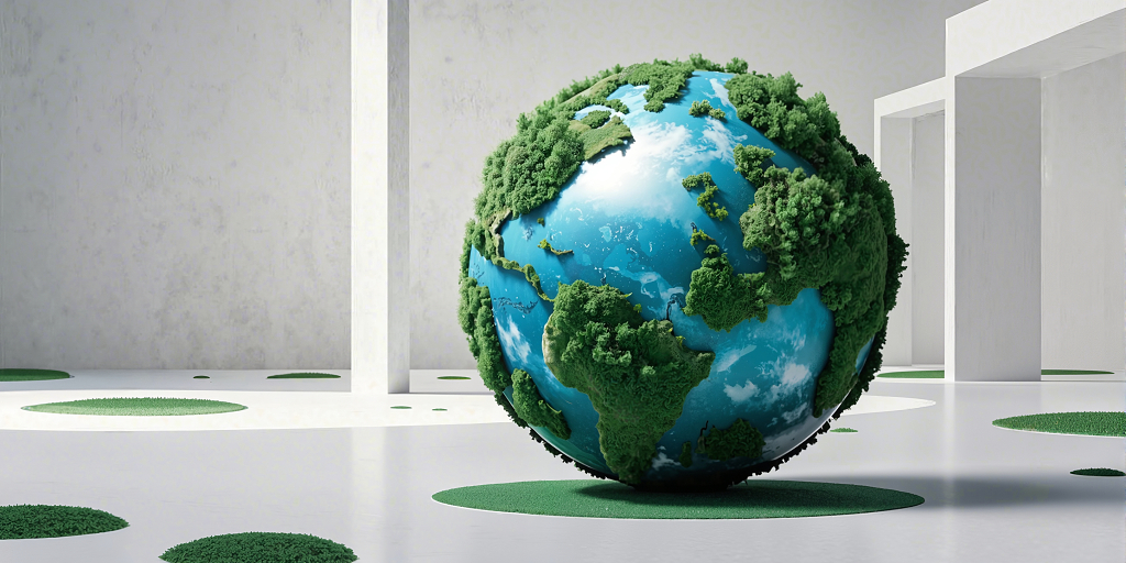 白色空旷室内空间中被绿植全面覆盖的地球模型AI
