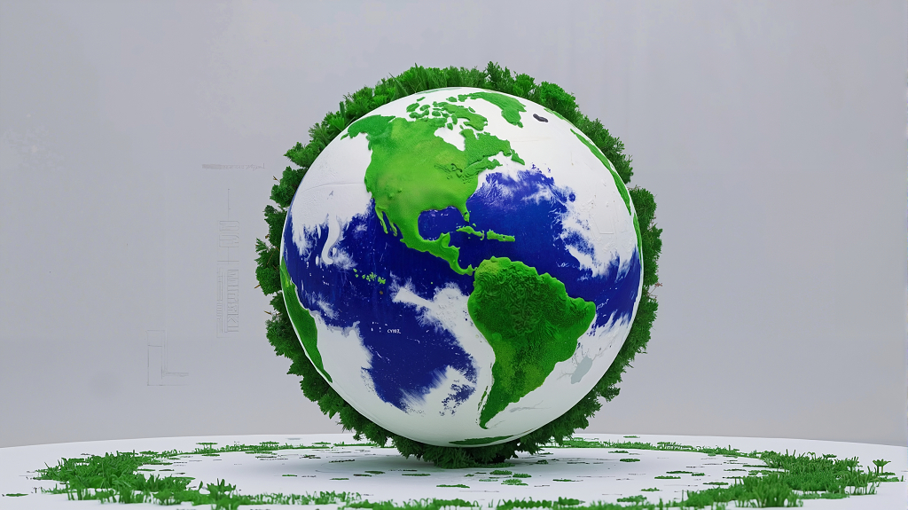 白色背景下边缘环绕茂密绿植的地球模型AI