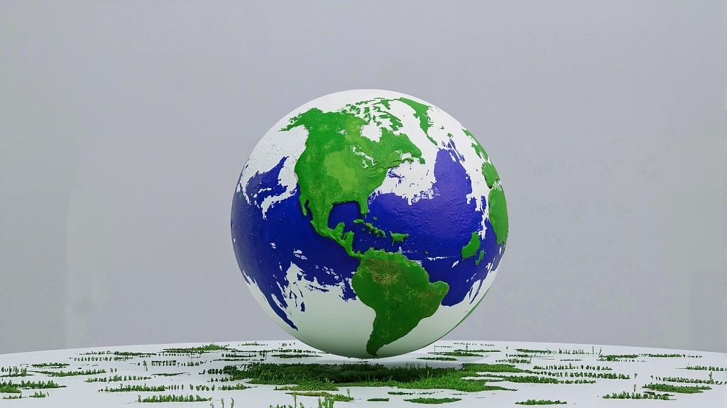 白色背景下地球模型底部环绕细碎绿植的展示图AI