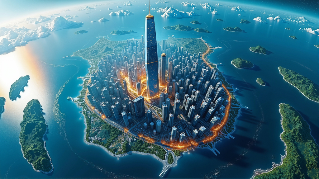 带有发光线条的未来感都市海岛全景鸟瞰图AI