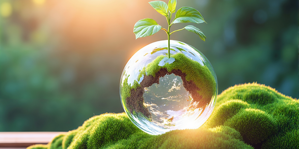 绿色苔藓上透明地球模型中生长出嫩绿植株AI