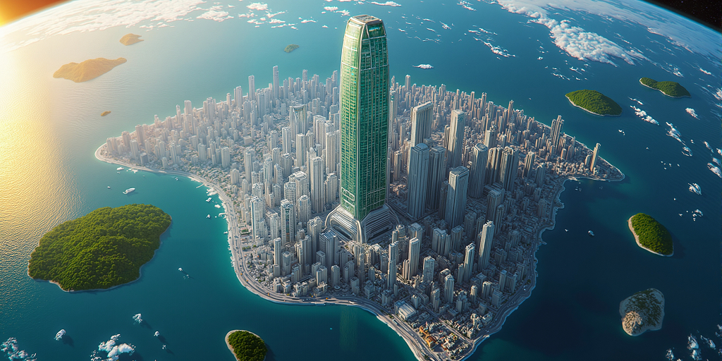 阳光下海洋中植被与高楼交织的大型城市景观图AI