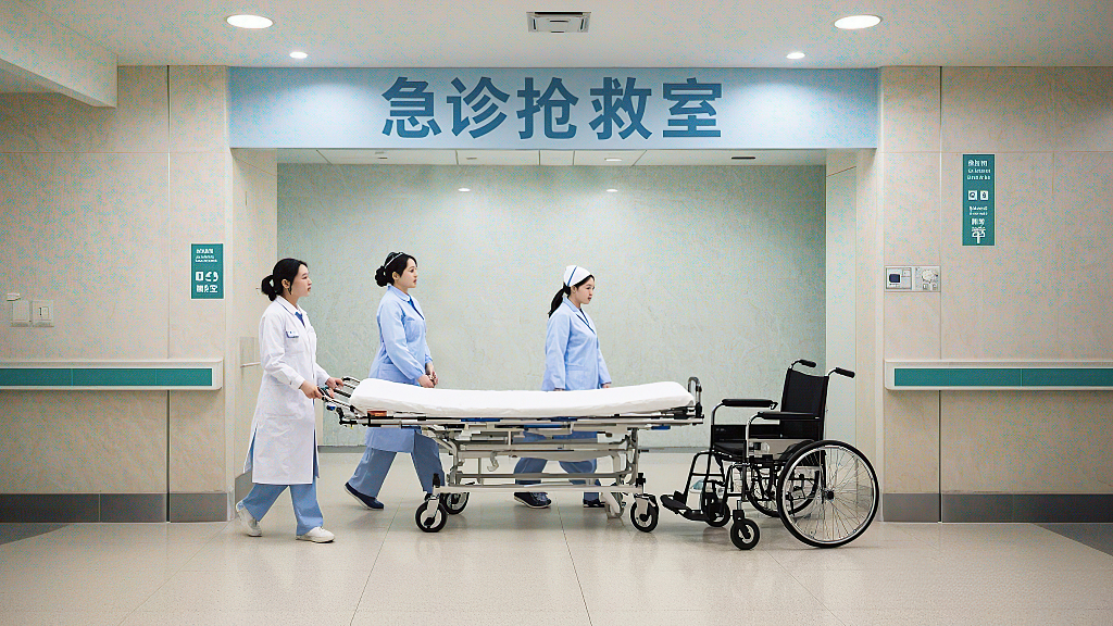 医疗医院医护医疗急诊抢救室前的患者转运行动AI