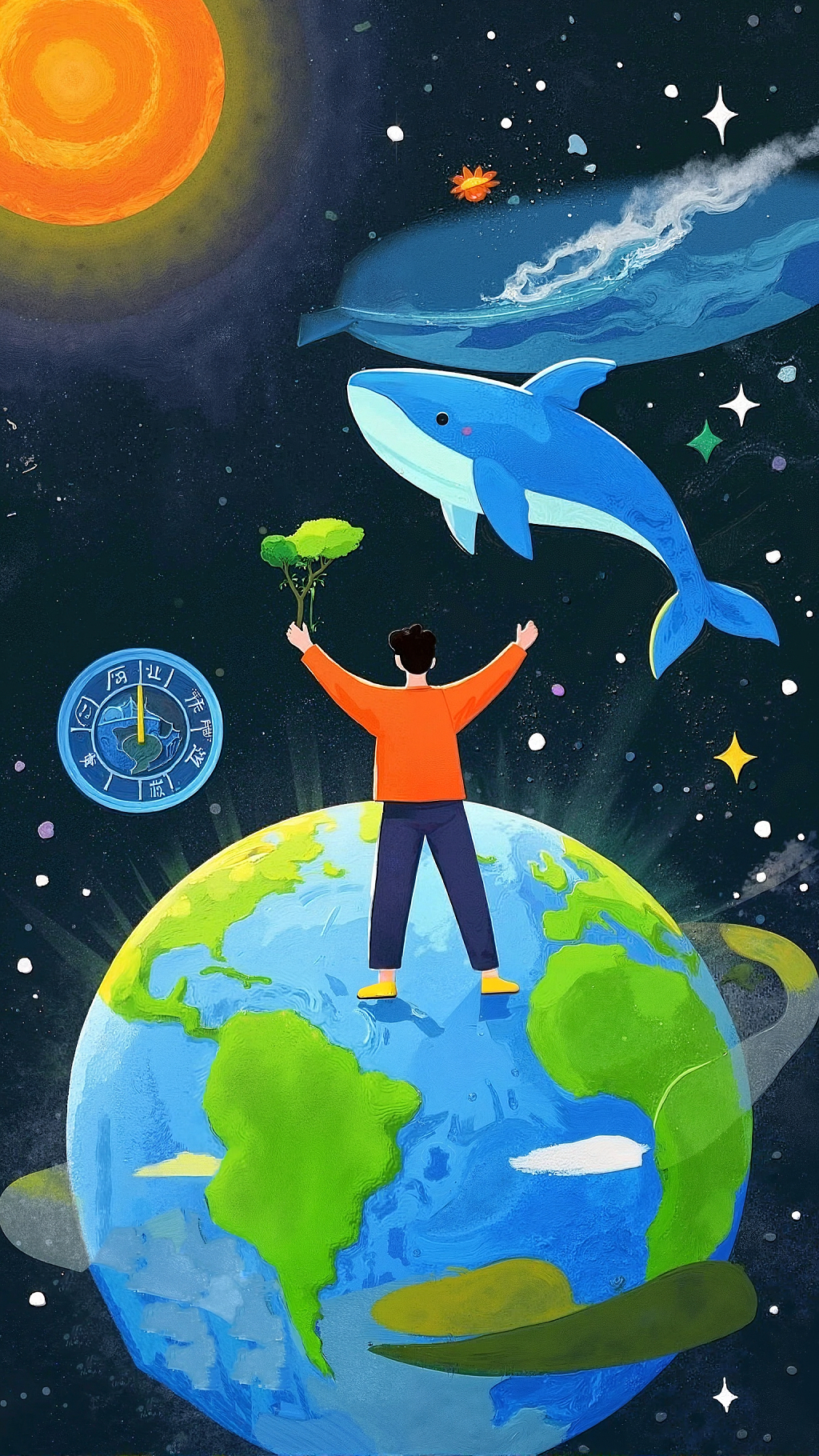 梦幻宇宙中人类持绿植与鲸鱼在地球上方的奇幻画面AI