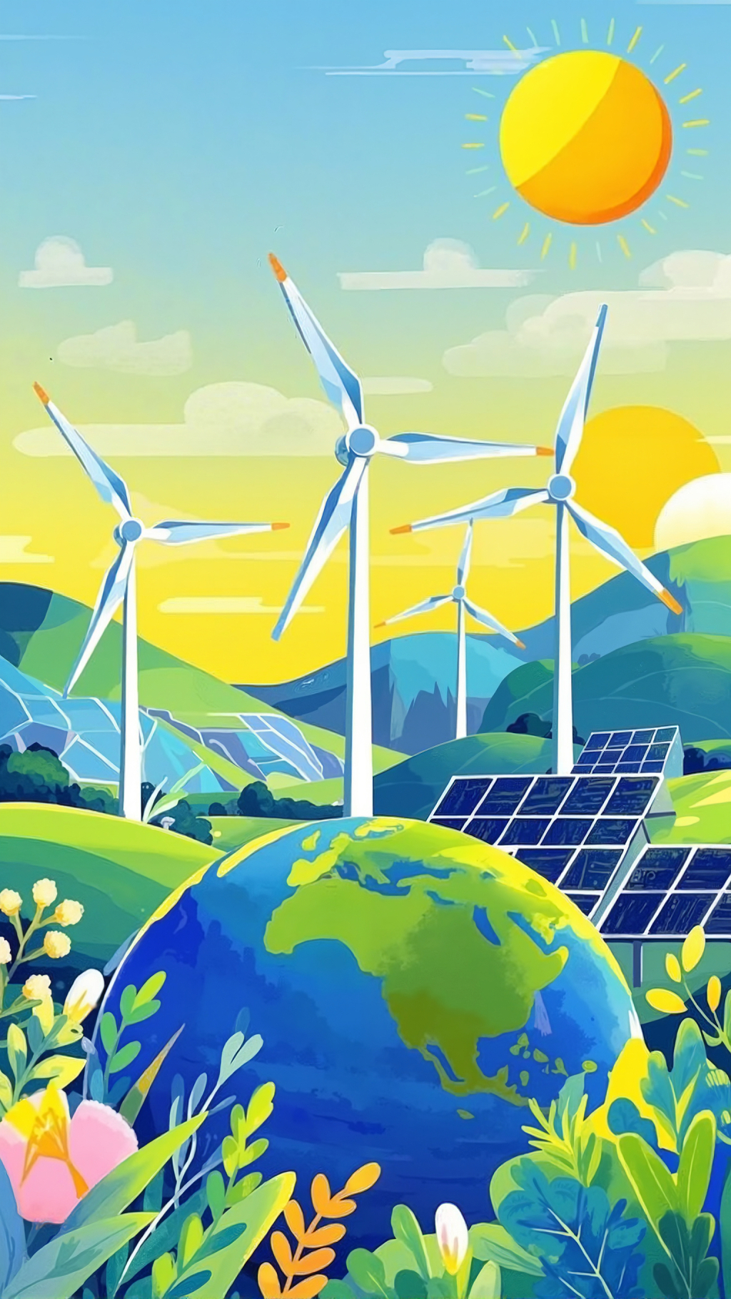阳光下风力发电机和太阳能板旁的地球自然景观插画AI
