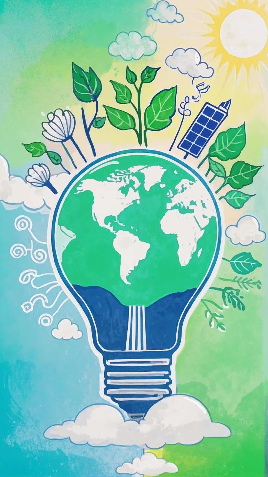 灯泡造型中包含地球及绿植太阳能板的环保创意插画AI