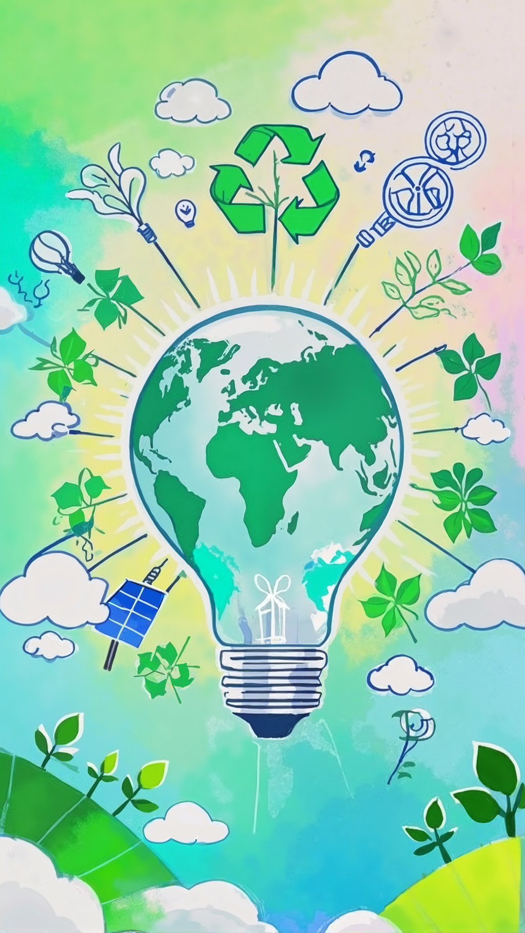以灯泡为中心环绕多种环保元素和地球的创意插画AI