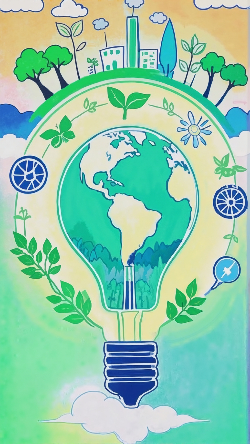 灯泡造型中展现地球、城市与自然元素的环保插画AI