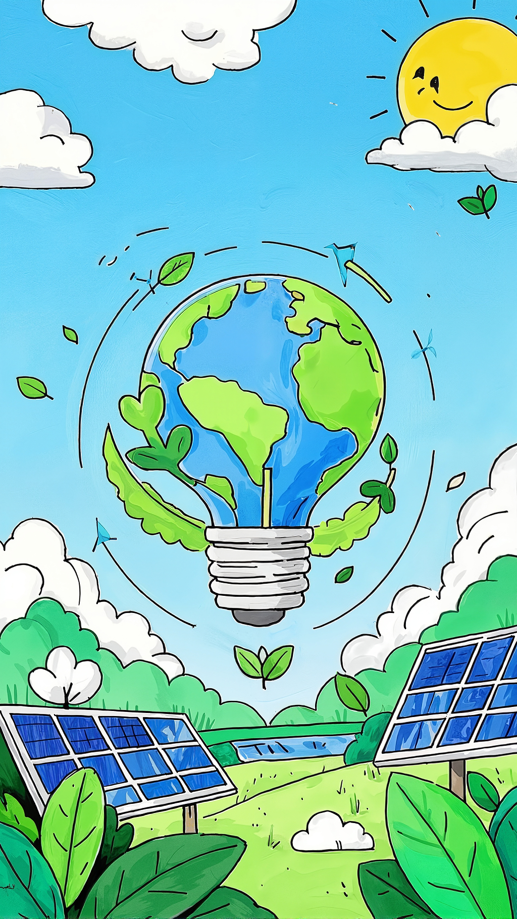 灯泡内地球与太阳能板及绿叶组合的环保主题插画AI