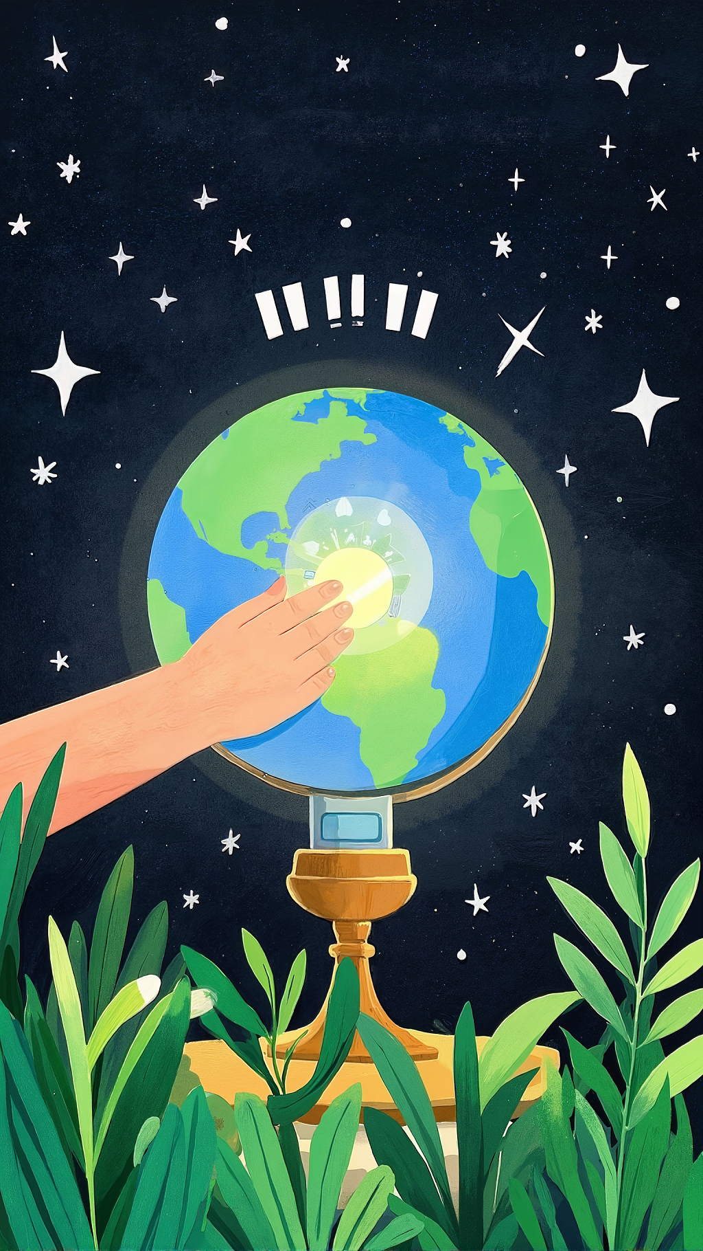 夜晚星空中手触发光地球仪的环保寓意插画AI