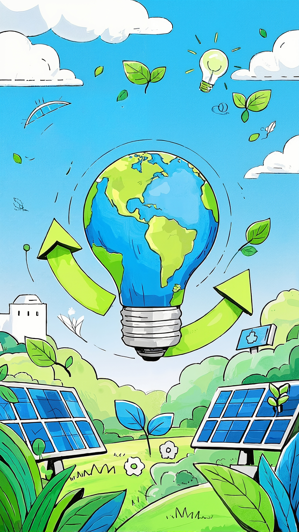 灯泡造型地球与太阳能板、绿叶和循环箭头的环保画作AI