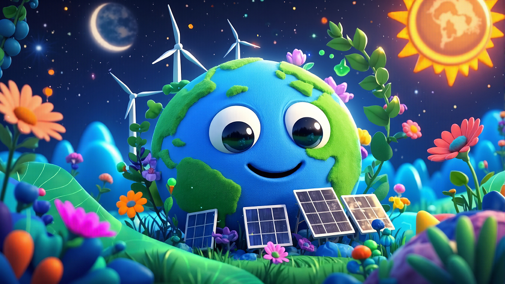 拟人化地球身处花丛中与风车太阳能板共筑美好星球AI