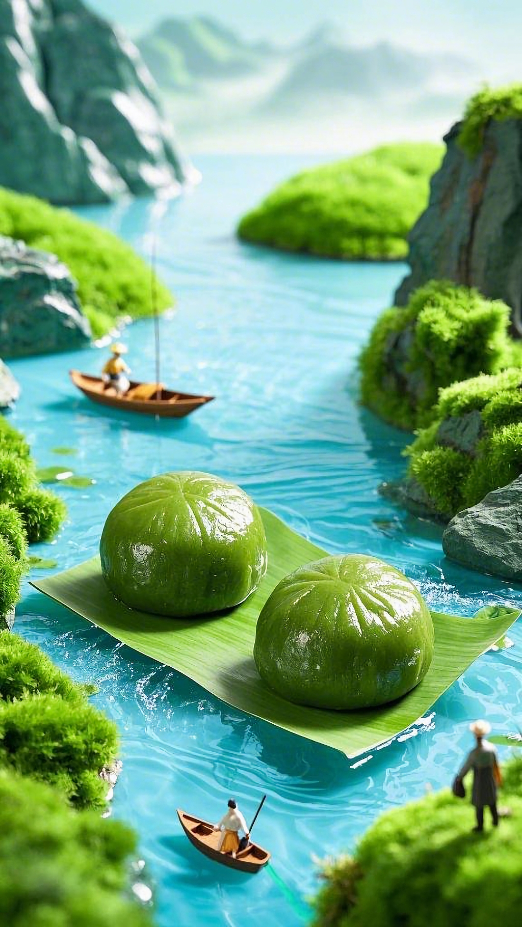 清明节独特视角下青团在山水河道中呈现别样意境AI