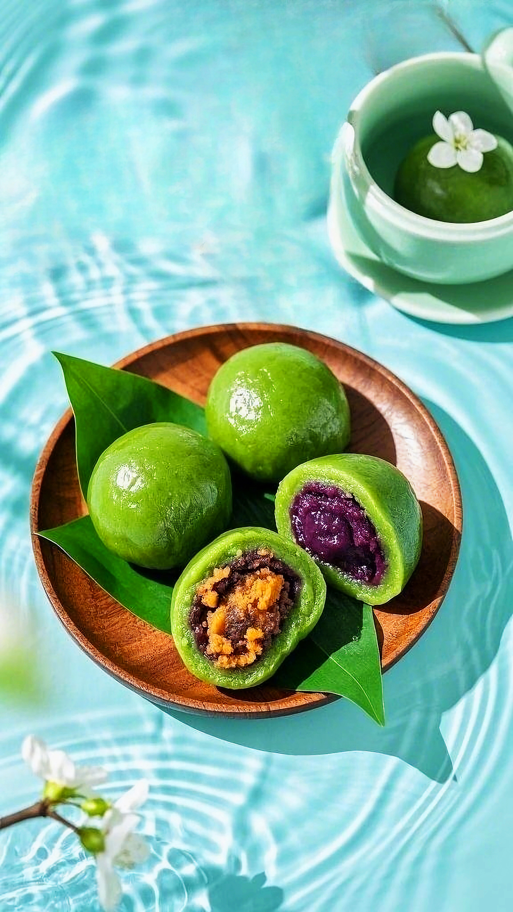 清明节独特视角下青团在山水河道中呈现别样意境AI