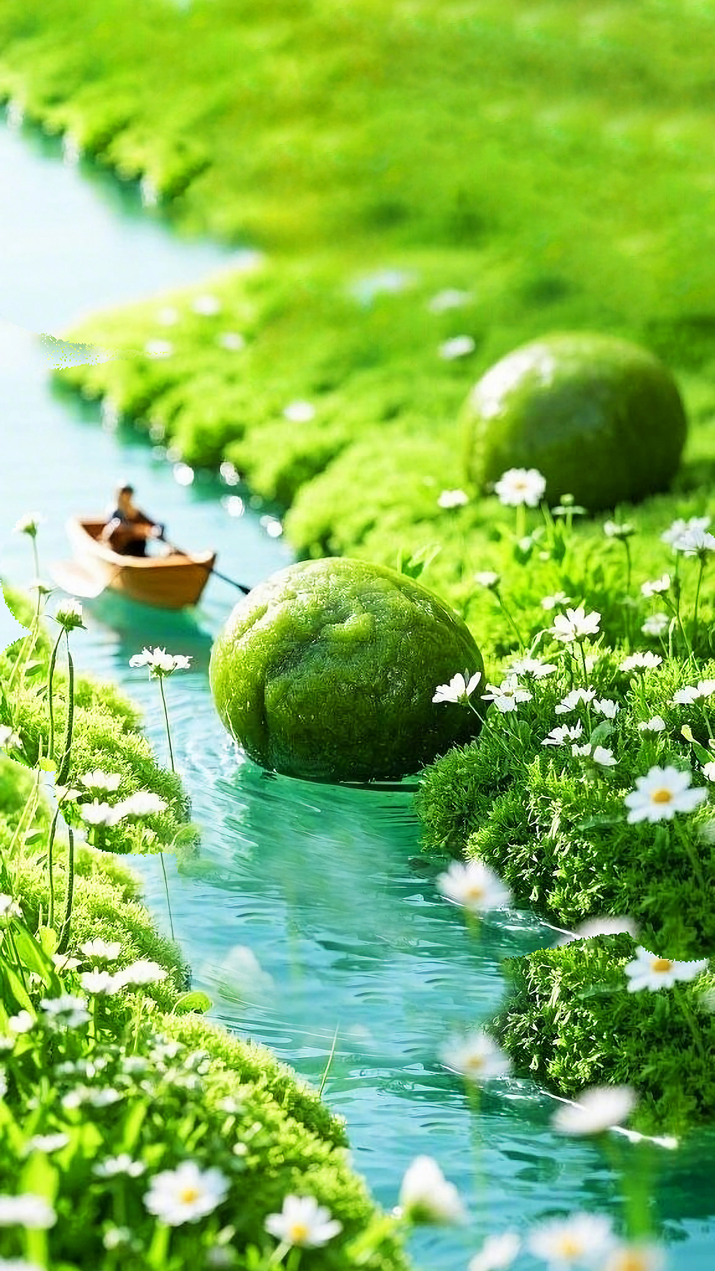 清明节青团在创意微缩场景的河道上宛如独特风景AI