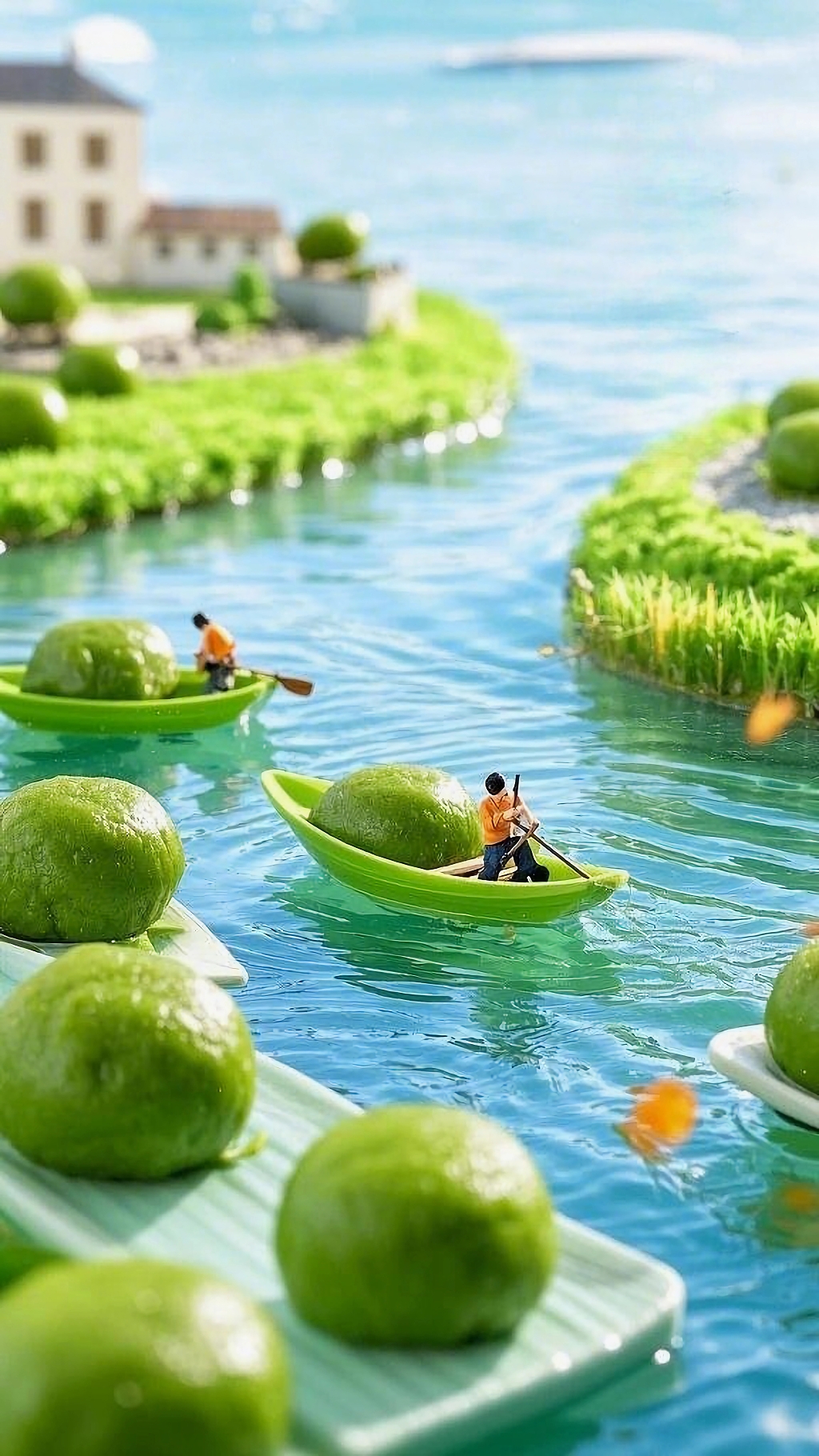 蓝色水面背景上摆放着不同内馅的清明节青团AI