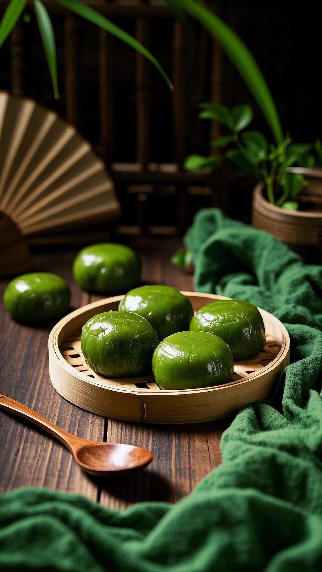 竹蒸笼里三颗传统的清明节青团摆放在绿布上AI