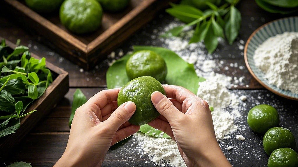 手中拿着刚做好的绿色清明节青团周围是食材AI
