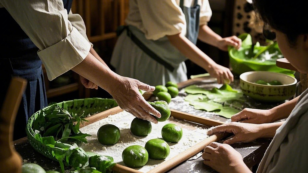 多人一起制作摆放清明节青团的热闹场景AI