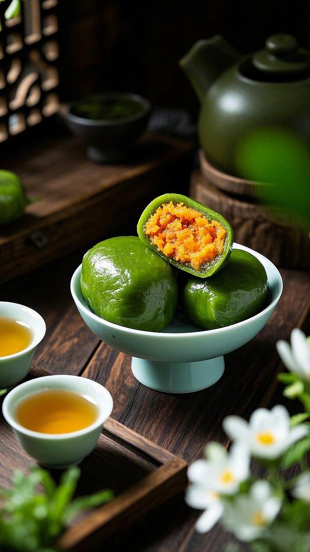 清明节碗中青团搭配茶具花卉呈现清明闲适氛围AI