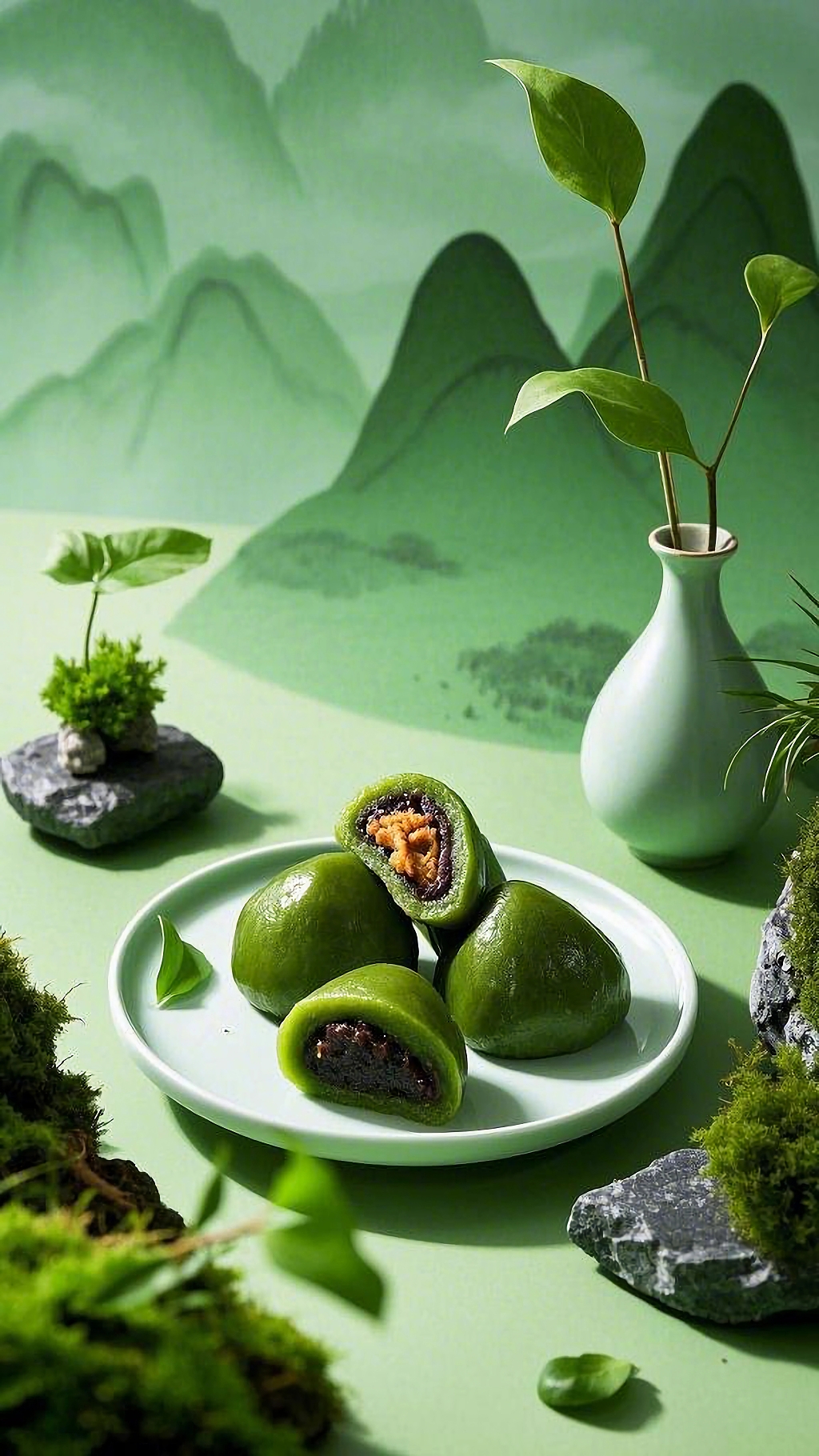 青山背景衬托下盘子里多样内馅的清明节青团AI