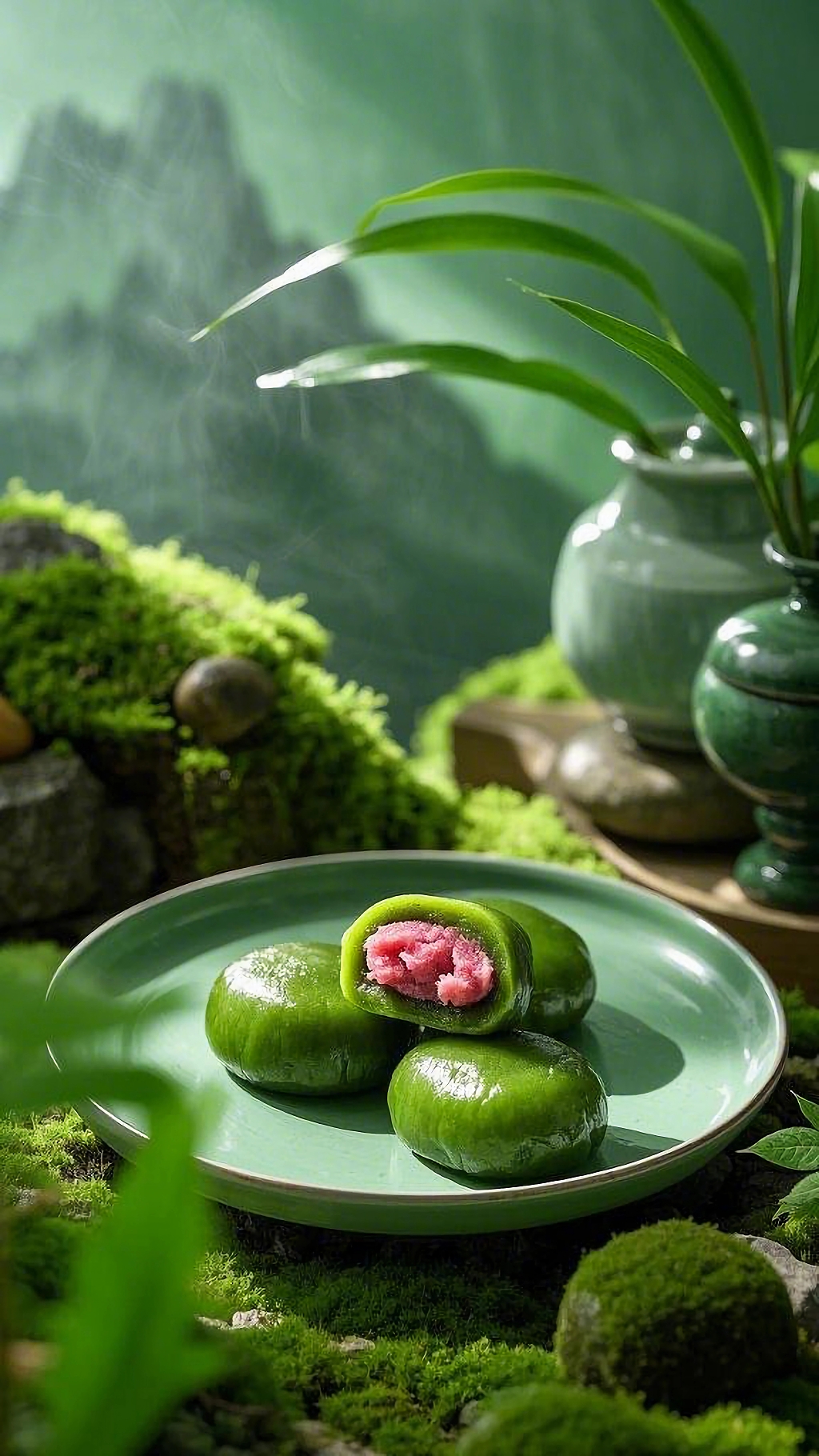 清明节山林氛围中浅绿色盘子里露出粉色内馅的青团AI