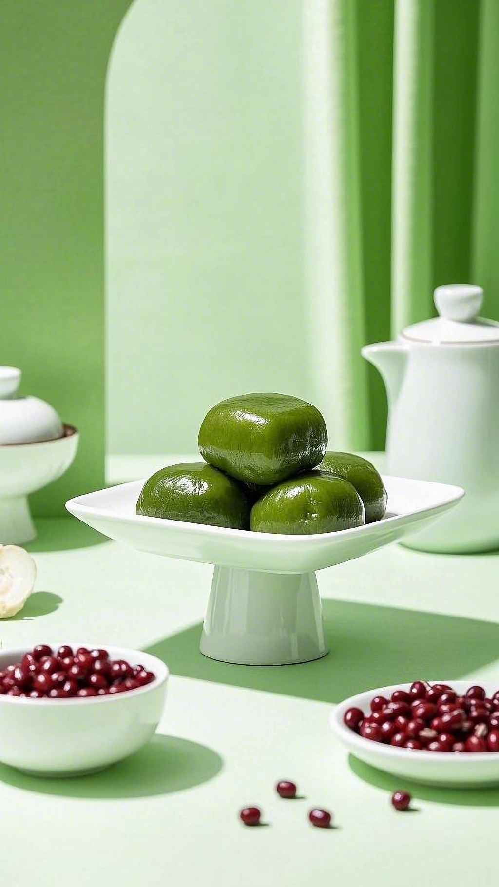 浅绿色背景下白色器具旁摆放的特色清明节青团AI