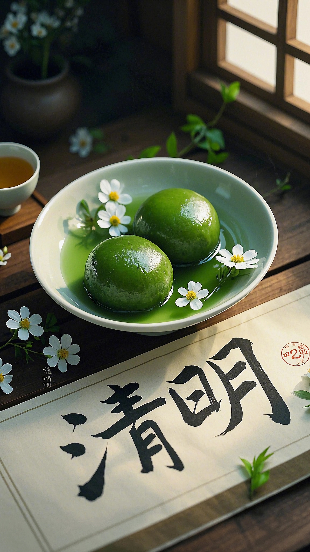 清明节木桌上写有清明字样卷轴旁水中浸泡的青团AI