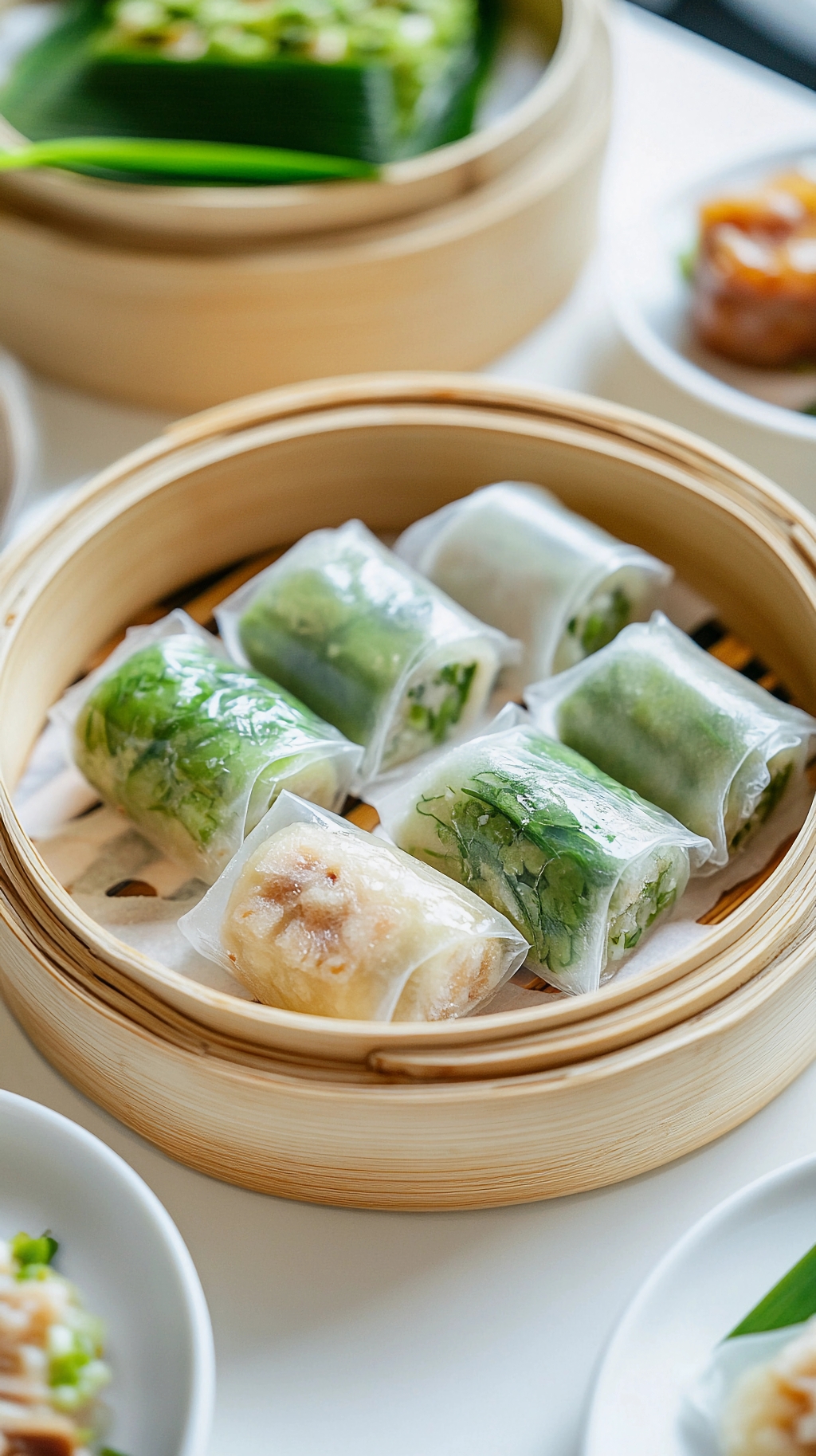 竹蒸笼中透明包装的多种馅料的清明节青团AI