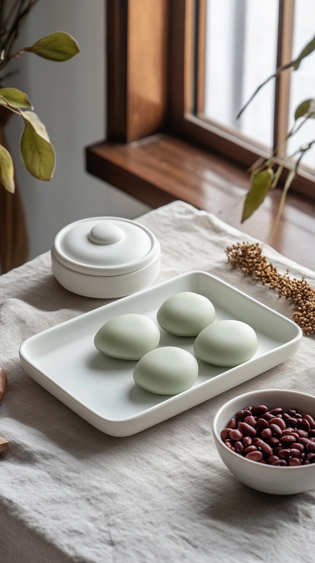 窗边白布上白色长盘里放着的浅绿色清明节青团AI