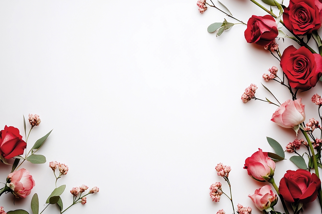 白色背景上红粉玫瑰组合展现浪漫爱情气息AI