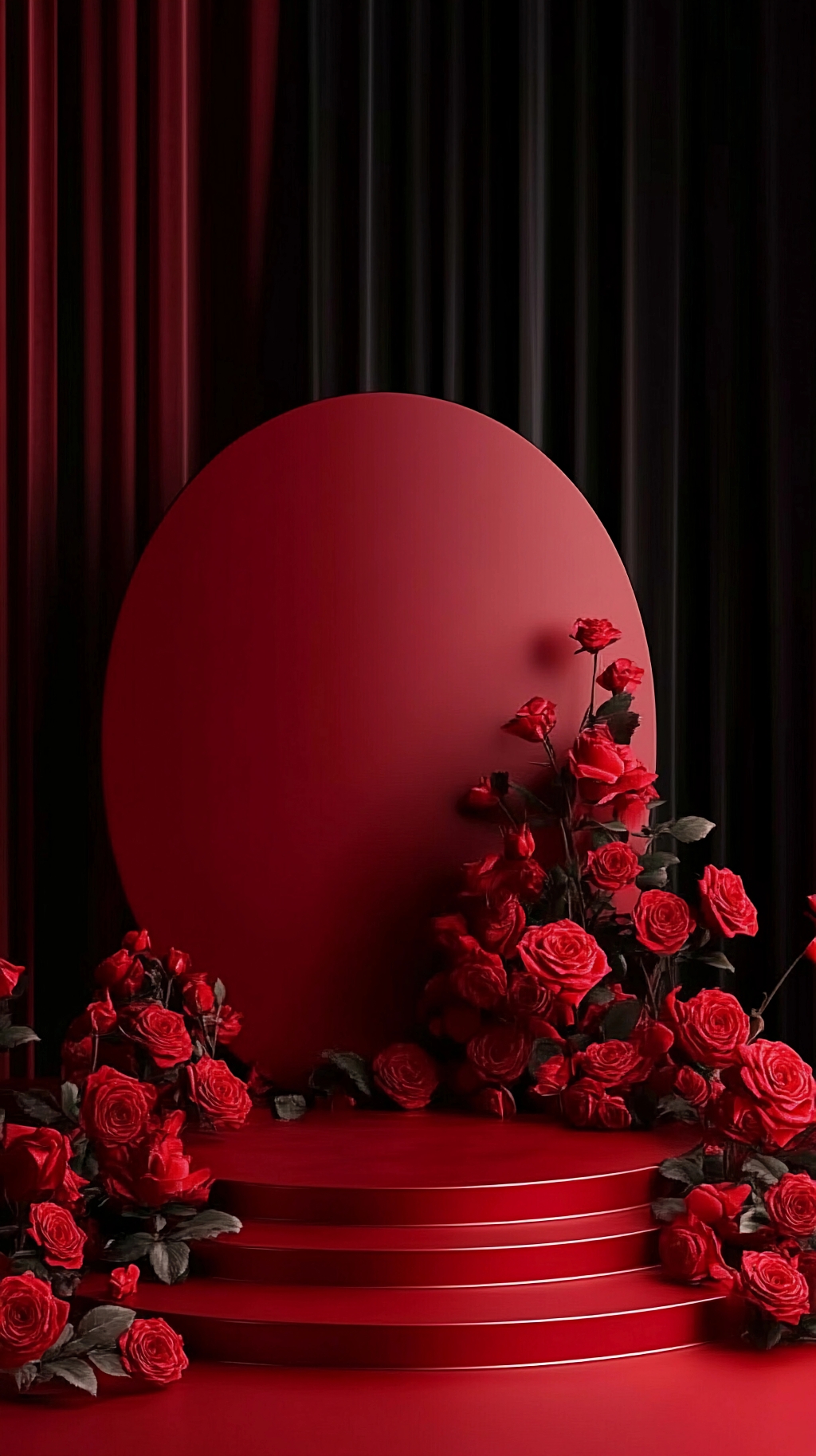 红色舞台场景中红玫瑰簇拥营造浪漫爱情氛围AI