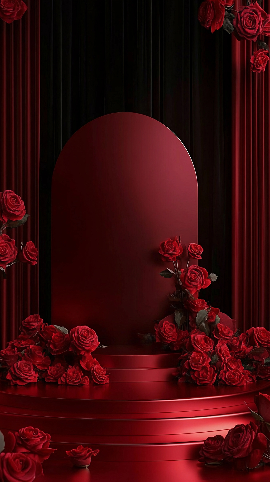 红色背景舞台上红玫瑰装点出浪漫爱情空间AI