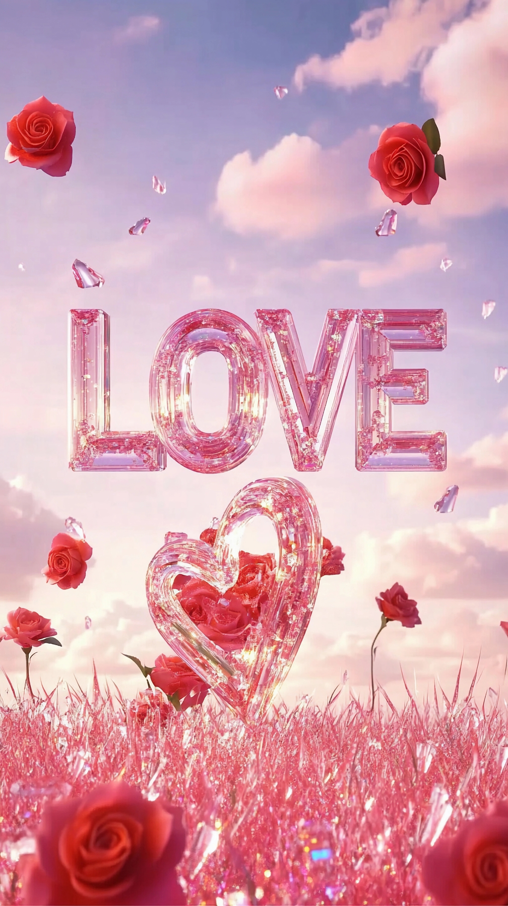 梦幻天空下水晶质感的LOVE字母与玫瑰组合AI