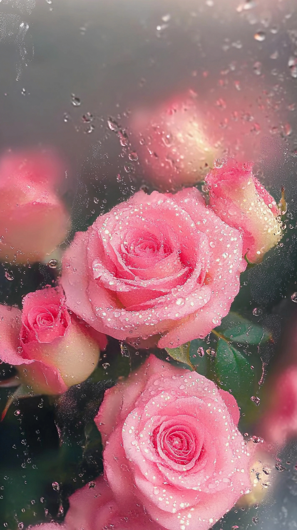 带水珠的粉色玫瑰在朦胧背景下尽显温柔爱意AI