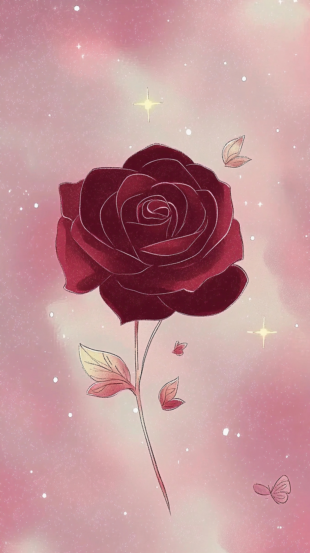 粉色星空背景下深红色玫瑰搭配蝴蝶充满爱意AI