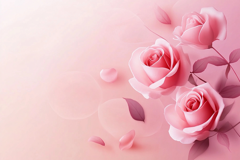 浅粉色背景上粉嫩玫瑰与飘落花瓣传递温柔爱意AI