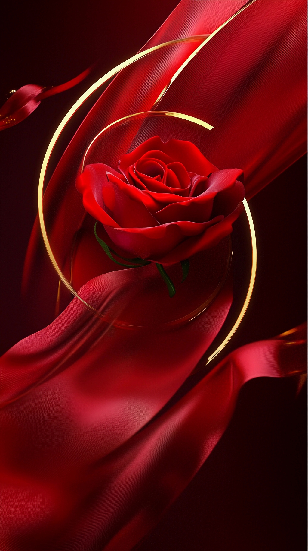 红绸与金环衬托下的娇艳红玫瑰彰显炽热爱情AI