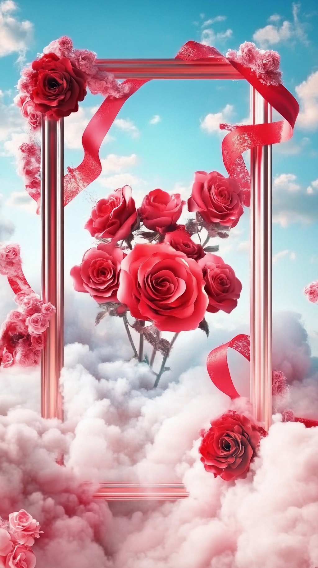 云朵框架中红玫瑰搭配飘带营造梦幻爱情意境AI