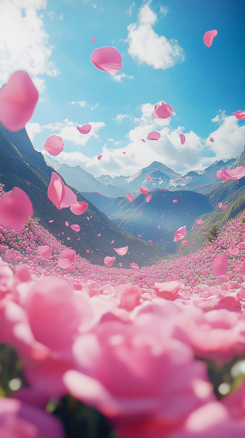 蓝天山脉间粉色玫瑰花瓣飞舞传递浪漫爱情气息AI