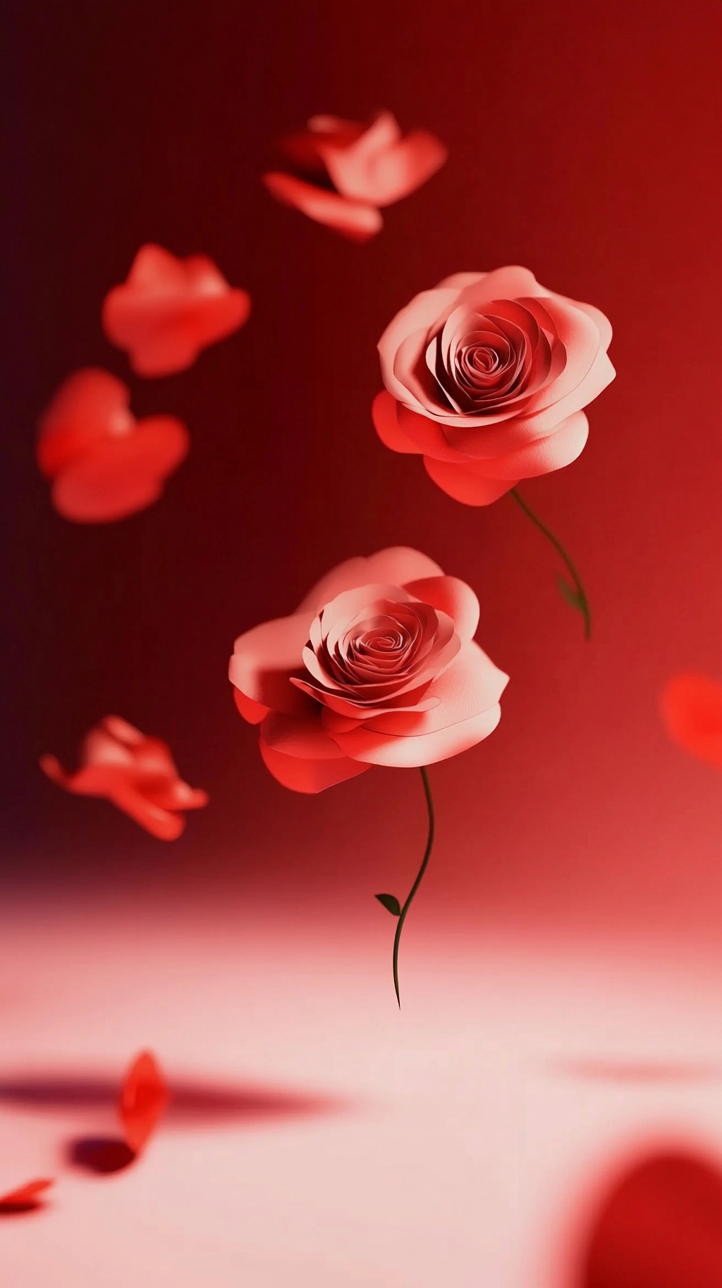 红色渐变背景中悬浮的玫瑰与花瓣传递浪漫爱意AI
