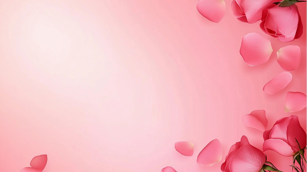 粉色柔和背景上散落玫瑰花瓣烘托甜蜜爱情气息AI